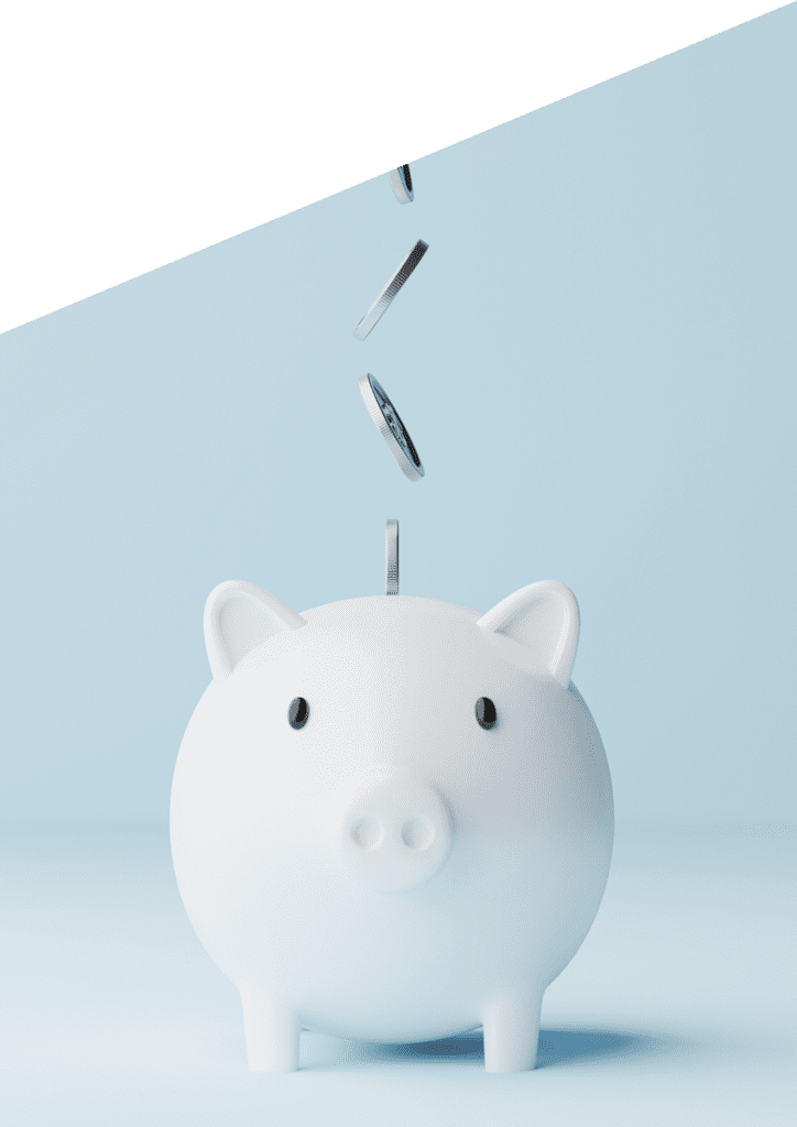 Coins falling into a white ceramic piggybank on a light blue background
